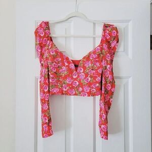 Zara Red Pink Floral Cropped Blouse